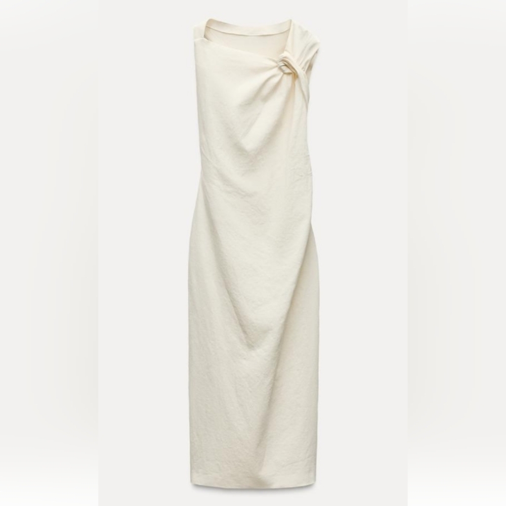 Zara ZW Collection Elegant Cream Linen Blend Knotted  Midi Dress